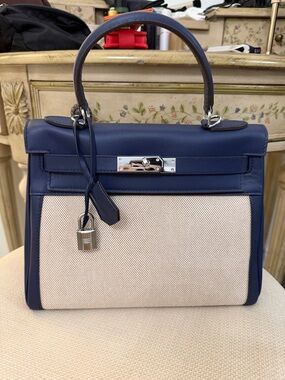 Navy and Cream Structured Top-Handle Women's Bag